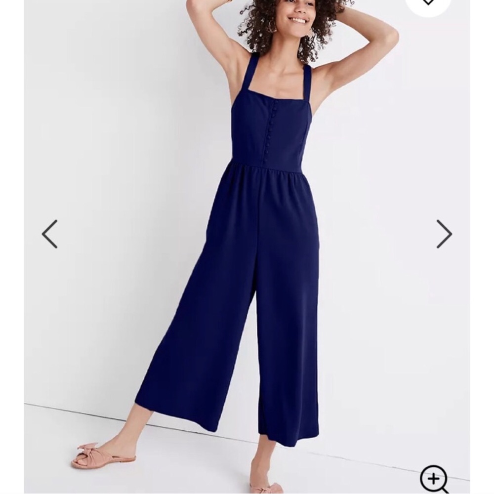 Madewell Smocked Button Front Crop Jumpsuit Navy 0